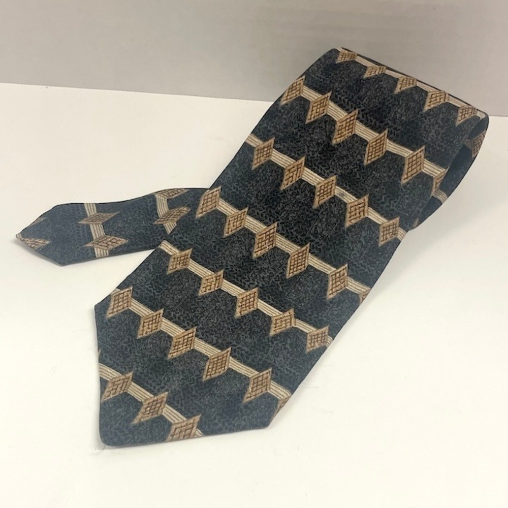 Sabatini Mens Silk Necktie‎ Navy Blue Tan Geometric Diamond Pattern Made in USA